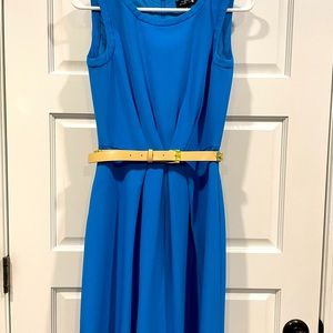 Cobalt blue Tahiti knee length dress with camel belt. Size 2, worn once.